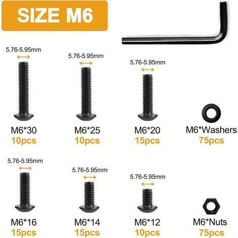 225 Stück M6 x 12/14/16/20/25/30 mm Sechskant-Halbrundkopfschrauben, Muttern, Unterlegscheiben, Kombi-Set, legierter Stahl der Güteklasse 10.9, schwarzes Oxid, Vollgewinde (1/5)