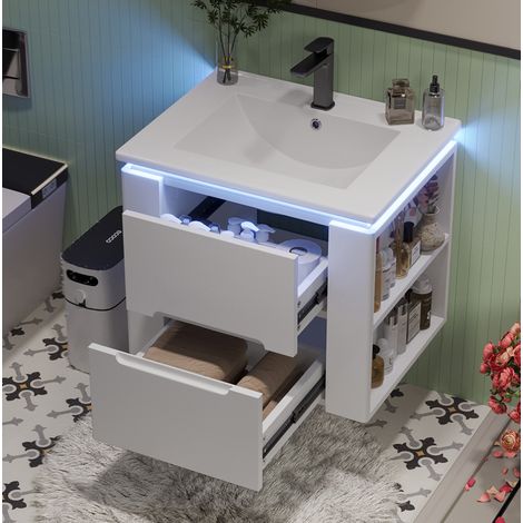 Mobile lavabo sospeso moderno 60x46x48,5 cm in MDF laccato bianco con lavabo integrato, 2 cassetti e luce LED sensore (1/5)