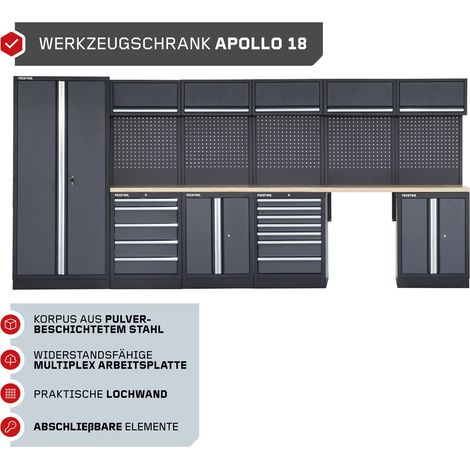 FEISTOS Werkstatteinrichtung Werkzeugschrank Apollo 18 inkl. Lochwand Grau/Schwarz 432x46x200 cm (1/5)