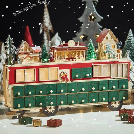 Calendrier de l'Avent créatif de 24 jours, motif bus en bois, décoration d'ambiance pour la maison, vert, 43 x 9 x 28 cm, 1 pièce (1/5)