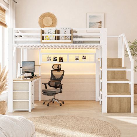 Cama alta 140 x 200 cm con escritorio, 3 cajones, almacenamiento, LED, blanco OKMYHOME (1/5)