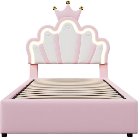Cama tapizada 90 x 200 cm con LED, arcón hidráulico, cabecero ajustable, PU rosa (1/5)