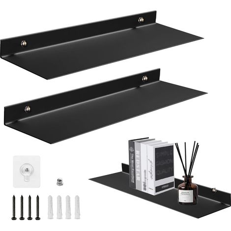 Etagere sans Percage,Lot de Deux pièces Étagère Murale 25 × 10 cm Étagère Suspendue en Acrylique Deux Options de Montage Convient pour Les salles de Bains,Salons Chambres Bureaux (Noir) (1/5)