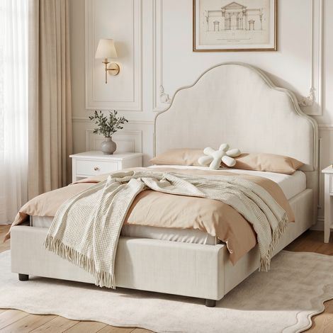 Cama individual tapizada beige 90x200 cm de lino con cabecero nube y somier de láminas incluido (1/5)