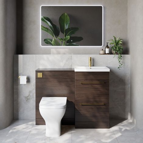 Napoli 390 Cento Brown Oak 1100mm 2 Drawer Vanity Unit Toilet Suite with Glide Basin - 1100mm - Brushed Brass 320mm HandleWith Kingston Toilet Pan and Seat