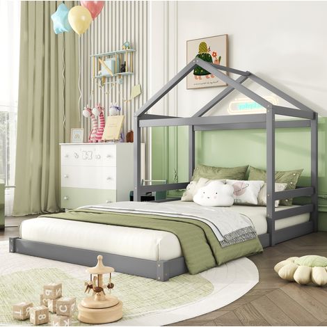 MEUBLIV Cadre de lit cabane 140x200 cm gris – avec toit, sans matelas (1/5)