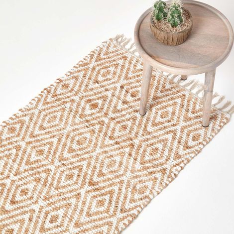 HOMESCAPES Sierra Neutral Diamond Pattern Hemp Chindi Rug, 66 x 200 cm