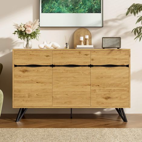 Sideboard 140 x 40 x 75,5 cm, meuble de rangement 3 portes, effet bois et pieds en métal noir, pour salon, salle à manger, entrée (1/5)
