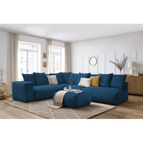 BOBOCHIC - Canapé d'angle fixe modulable VOLTAIRE avec 2 chauffeuses 2 places, 1 angle, 1 chauffeuse 1 place et 1 pouf Angle gauche Bleu foncé (1/5)