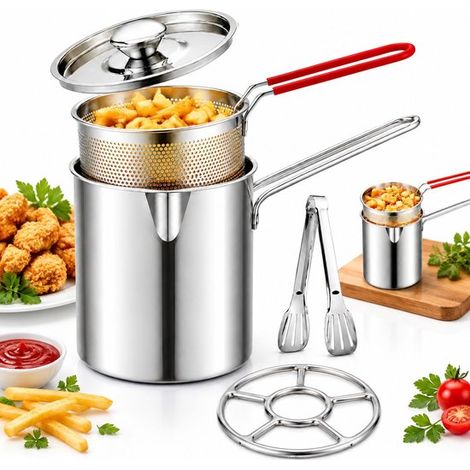 Batterie de cuisine en acier inoxydable - Friteuse avec panier d'égouttage et pinces - 5 pièces - Mini casserole 1,2 L avec grille d'égouttage amovible (1/5)