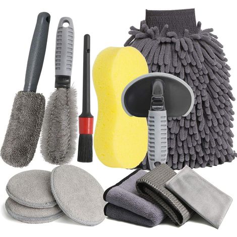[JAMAIS UTILISÉ]Kit de Nettoyage de Voiture 12PCS, Professionnel Microfibre Lavage Voiture Nettoyer Kit, Brosse de Roue et de Jante, Chiffons de Nettoyage Gants de Lavage, éponge (1/5)