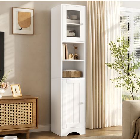 MODFU – Meuble colonne 30x35x160 cm panneaux particules – Vitrine, porte vitrée et étagères – 10 kg par étagère – Salon – Blanc (1/5)