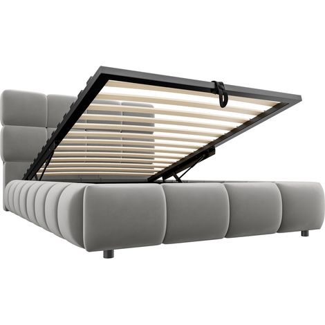 Cama tapizada 90 x 200 cm gris con luz LED y arcón hidráulico, terciopelo (1/5)