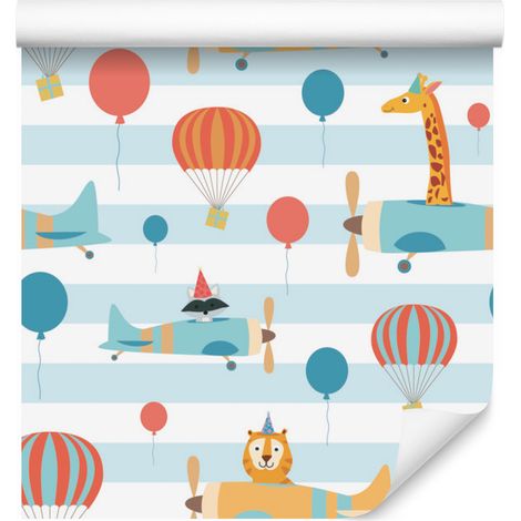 Papel pintado con globos, aviones y animales para salón y dormitorio, 50x1000 cm. (1/5)