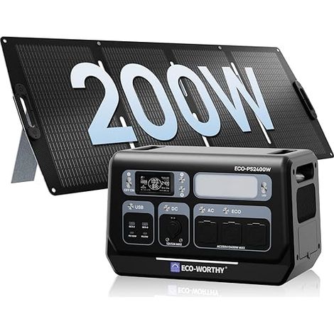 ECO-WORTHY 2400W(Spitze 4800W) 2048Wh Portable Power Station mit 200WFaltbares Solarpanel, Tragbares Powerstation Solar Generator Bundle für Wohnmobil, Home Backup, Camping, Van Life