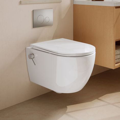 WC Suspendu avec Bidet – Céramique, Lavage Eau Chaude/Froide, Buse 360°, Chasse Cyclonique, Abattant Soft-Close (1/5)