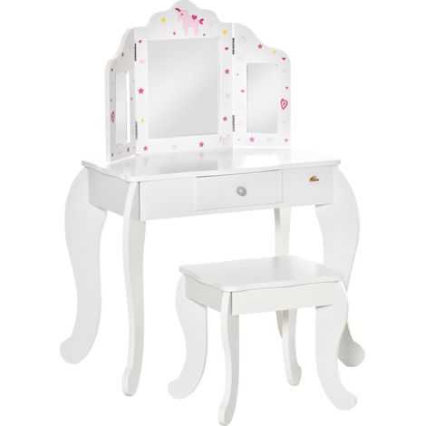 Postazione Trucco Specchiera Giocattolo per Bambini in Legno Bianca (1/5)