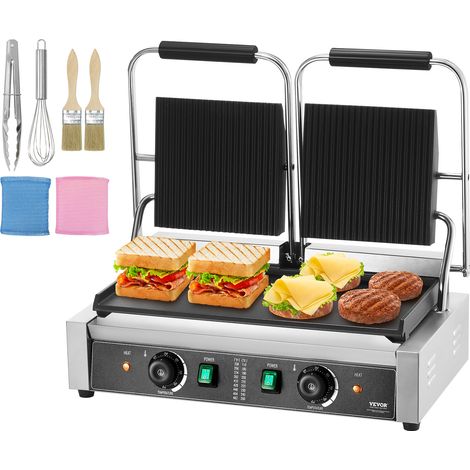 VEVOR Parrilla Panini Comercial, 3600W Sandwichera Electrica Panini, Parrilla Sandwich Doble de Acero Inoxidable, Parrilla Panini con Control de Temperatura y Placa Plana Esmaltada de 19"x9" para Hamb (1/5)