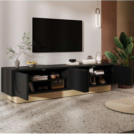 Mueble para TV de MDF negro con base color madera, 175x40x41,5 cm, 4 puertas, apertura push y almacenamiento oculto (1/5)