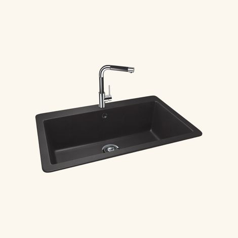 Évier granit noir 83,8x53 cm – Évier à encastrer 1 bac sans égouttoir – Bonde et siphon inclus – Pour meuble sous évier 90 cm minimum – Schock