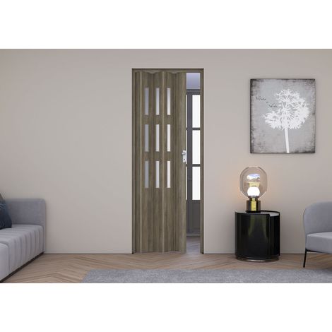 Porta a Soffietto da Interno Maya 83x214 cm Made in Italy in PVC con Vetro Satinato Rovere Cognac Scuro