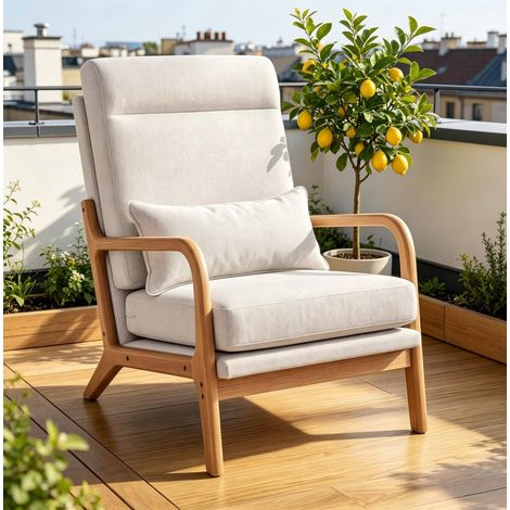 Poltrona con schienale alto, cuscino lombare, effetto lino, crema HAVRYA (1/3)