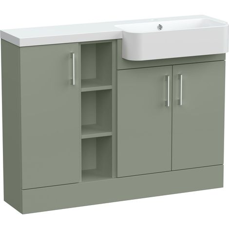 Wichnor Floor Standing Compact 3 Door Combination Vanity Basin Unit with Open Shelves and Basin, 1100mm, Right Hand, Fern Green