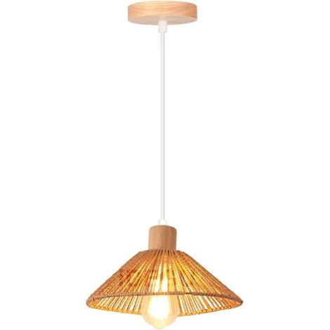 Lustre Suspension Vintage,26cm Lampe Plafonnier Industriel en Rotin et Bois Ajustable E27 Luminaire Rétro pour Salon Chambre (1/5)