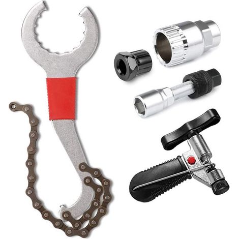Kit d'entretien professionnel 5 en 1 pour vélos : dérive-chaîne robuste en acier, extracteur de manivelle, outil pour cassette et boîtier de pédalier. Universel pour vélos de 6 à 12 vitesses. (1/4)