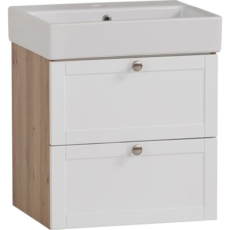 Waschtisch 50cm Eiche weiß matt, Keramik Waschbecken, JONA-80 (1/4)