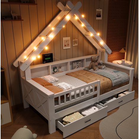 Cama tipi 90 x 200 cm de MDF y pino, blanca, con LED, almacenaje y barreras (1/5)