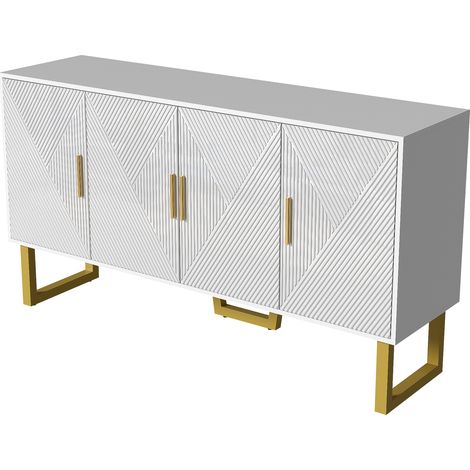 Buffet blanc moderne et luxueux de 150 cm avec portes texturées brillantes et poignées dorées, design à 4 portes, étagères réglables en hauteur (1/5)