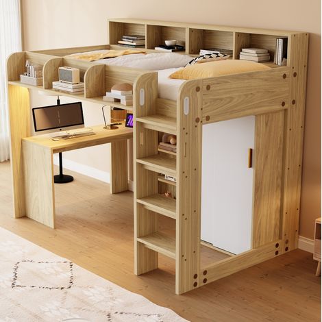 Letto a soppalco 90x200 cm naturale in MDF, truciolare e compensato con scrivania, armadio, LED e presa (1/5)
