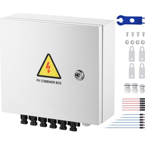 Mophorn PV-Combiner-Box, 6-String-Solar-Combiner-Box, 15-A-Sicherung, 125-A-Leistungsschalter, Blitzableiter, Solaranschluss, Stahlgehäuse, IP65