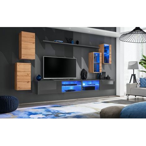 Ensemble meuble TV mural Switch XXV - L 280 x P 40 x H 140 cm - Gris et marron - Livraison gratuite