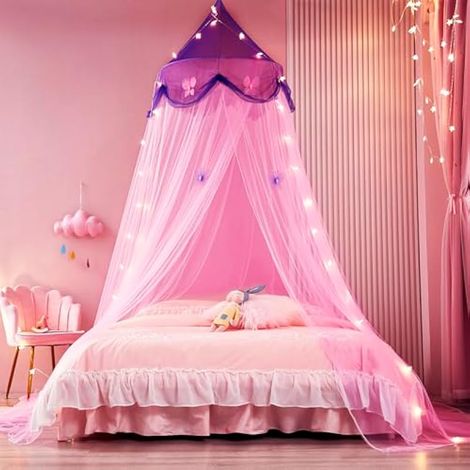 Ciel de lit princesse pour filles (sans lampe)  Moustiquaire universelle pour lits simples, doubles et très grands lits  Rideaux simples à suspendre pour chambre d'enfant (style violet et (1/5)