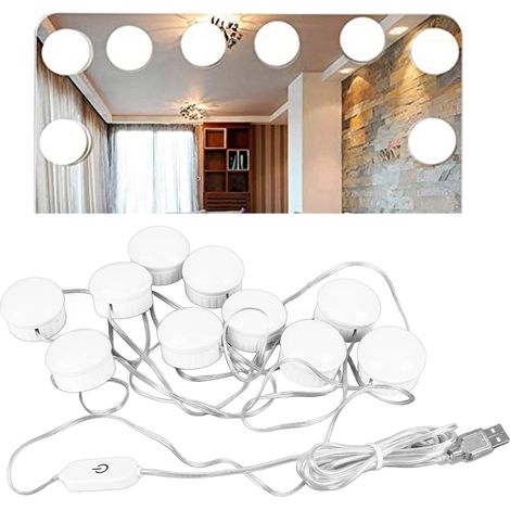 Miroir lumineux LED 10 ampoules lumière blanche réglage 5 niveaux variateur tactile avec câble rétractable (1/5)