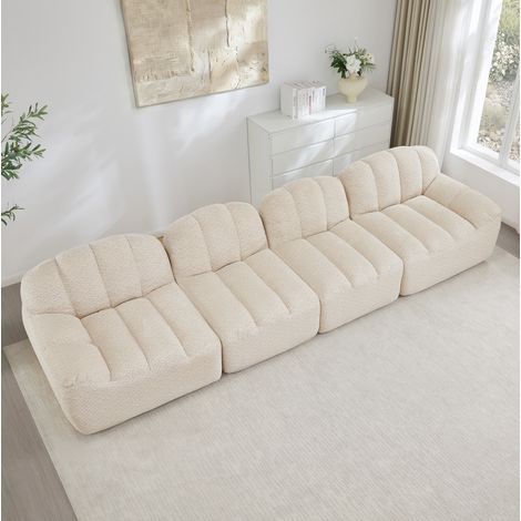 Canapé modulaire 4 places beige blanc en tissu polaire granulé avec assise profonde (1/5)