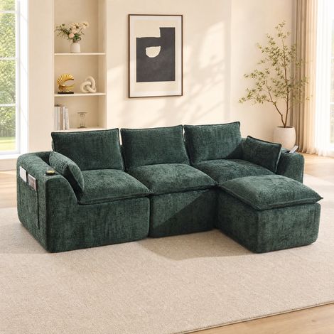 Canapé d'angle modulable 3 places 256cm, Tissu velours côtelé, Canapé droit avec repose-pieds, poches latérales et porte-gobelet,vert (1/5)