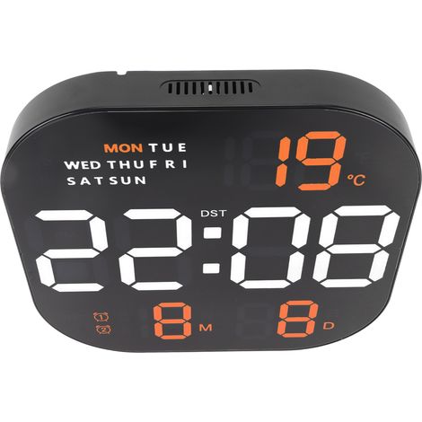 Horloge numérique avec grand écran LED, port USB (5V), télécommande, affichage multifonction de la température et du mois, horloge électronique lumineuse pour bureau et salon, éclairage bicolore orang (1/5)