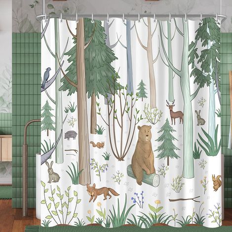 Rideau de douche 180x200cm Motif forêt animalière, Ourlet lesté Anti-moisissure, Repousse l'eau, Lavable en polyester Rideaux de bain avec 12 œillets et anneaux de rideau pour salle de bain (1/5)