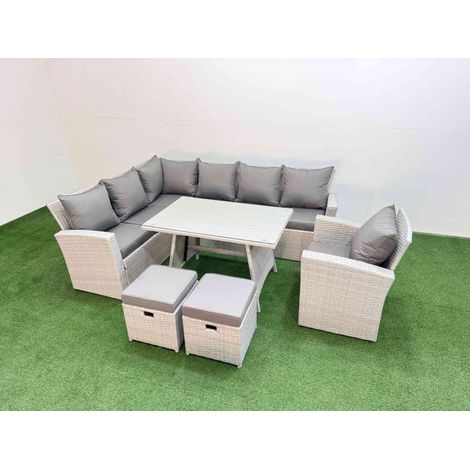 Fimous Garden Outdoor Rattan Furniture Set Rattan Corner Sofa Oblong Dining Table with Armchair Light Grey Mixed 9 Seater (1/5)