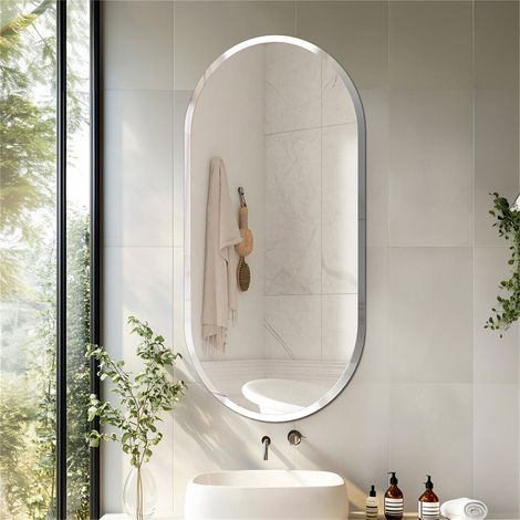 Espejo de Baño de Pared Biselado Decorativo sin Marco, Espejo Minimalista Ovalado de Vidrio Plateado para Comedor Salón Entrada Pasillo, 120x60 cm