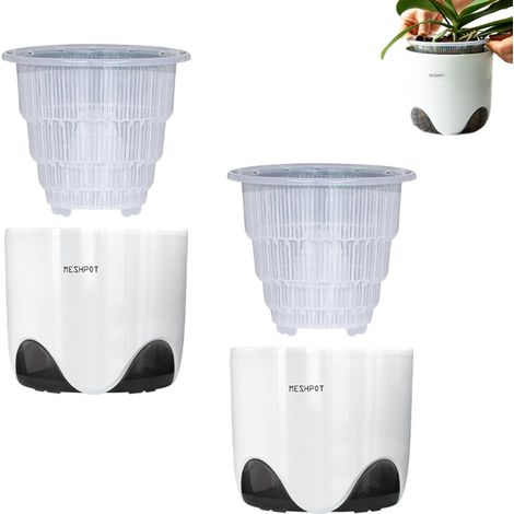 1 pot à orchidées double couche, circulation d'air optimisée, transparent avec récipient décoratif, dimensions 13,7 × 13,7 × 13,2 cm (1/5)