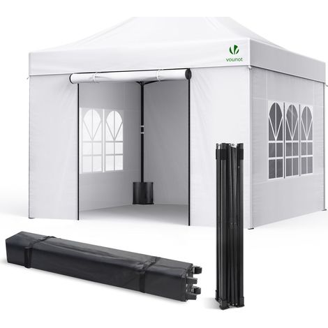 Vounot – Tonnelle de jardin renforcée 3x3m pliable avec 4 parois amovibles – Acier inoxydable – Imperméable et anti-UV – Sac de transport à roulettes