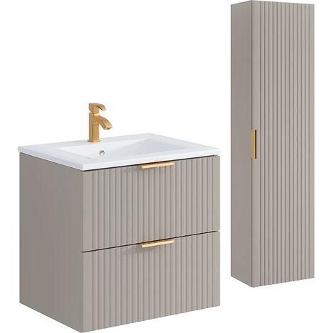 Meuble de salle de bain strié avec vasque à encastrer et colonne - Coloris beige - 60 cm - ZEVARA (1/5)