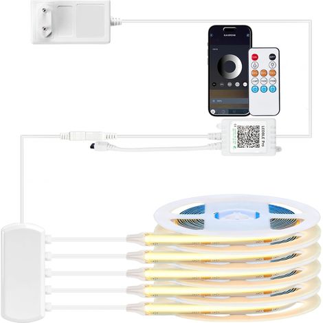 5 pièces 2M Warmwhite COB LED Strip Kit,24V 10M COB LED Strip Light avec Bluetooth APP et télécommande pour panneau acoustique, étagères, vitrines, étagère, éclairage de décoration de cabinet (1/5)