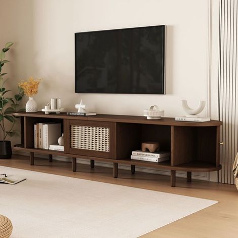 Meuble tv ovale 180 cm, noyer foncé design rotin, meuble tv avec rangement, portes coulissantes gaufrées, pieds réglables, structure (1/5)
