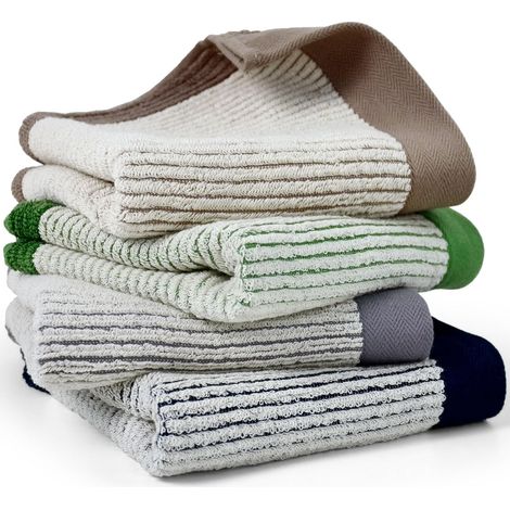 Serviettes de bain en coton ultra-doux, lot de 4, gris, vert, bleu marine, marron clair, 71 x 33 cm, texture jacquard. (1/5)