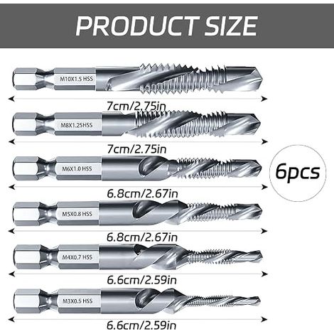 tarauds combinés tige hexagonale, M3, M4, M5, M6, M8, M10 changement rapide, tarauds combinés fraises métal, bois, plastique (1/4)